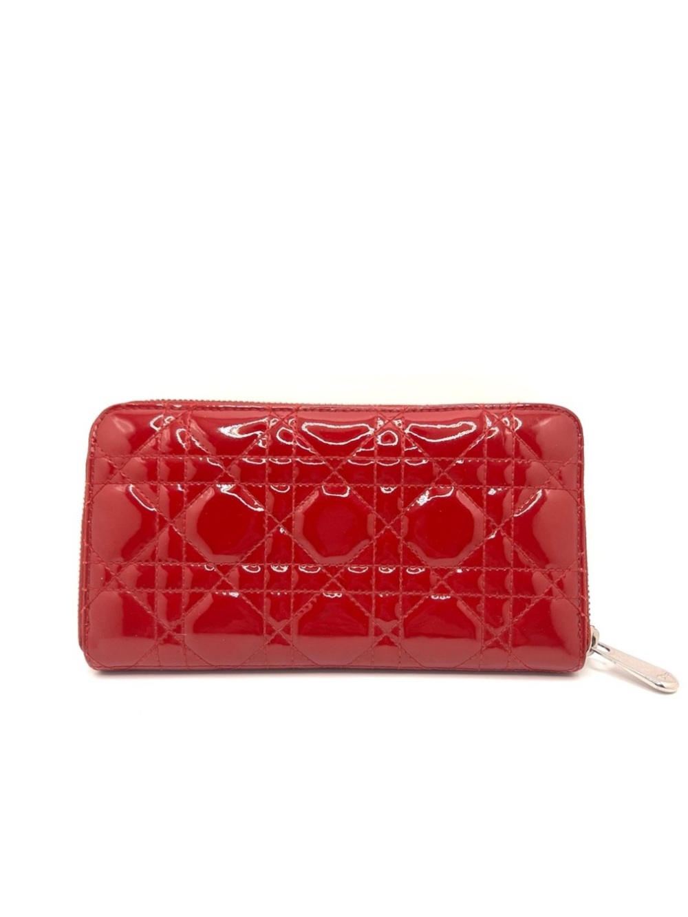 Authentic Christian Dior Cannage Red Patent Leather Zip Long Wallet